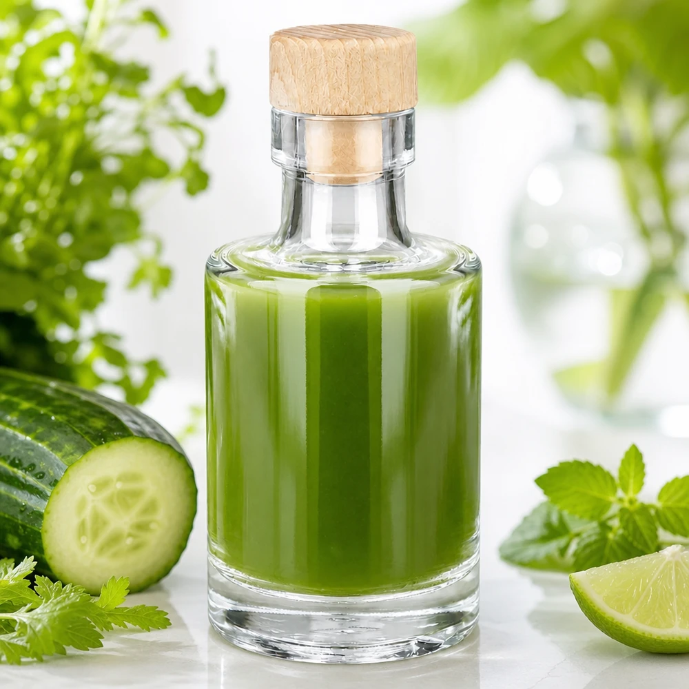 100ml Glasflasche Marie mit Holzkorken gefüllt mit grünem Smoothie neben Gurke Limette und Kräutern frisches Setup