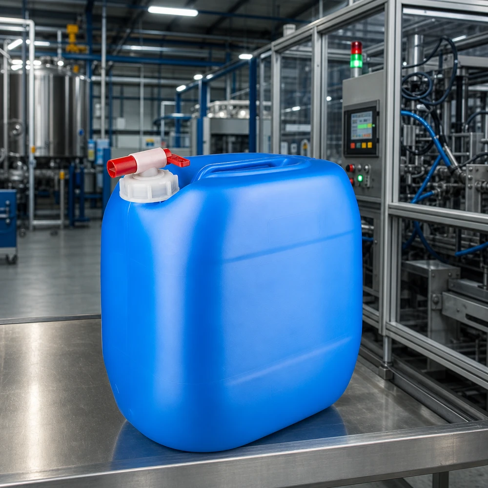 Kanister 30 Liter blau mit Auslaufhahn Blauer Vorratsbehälter 30L mit weißem Schraubdeckel und Zapfhahn vor Fertigungsanlage