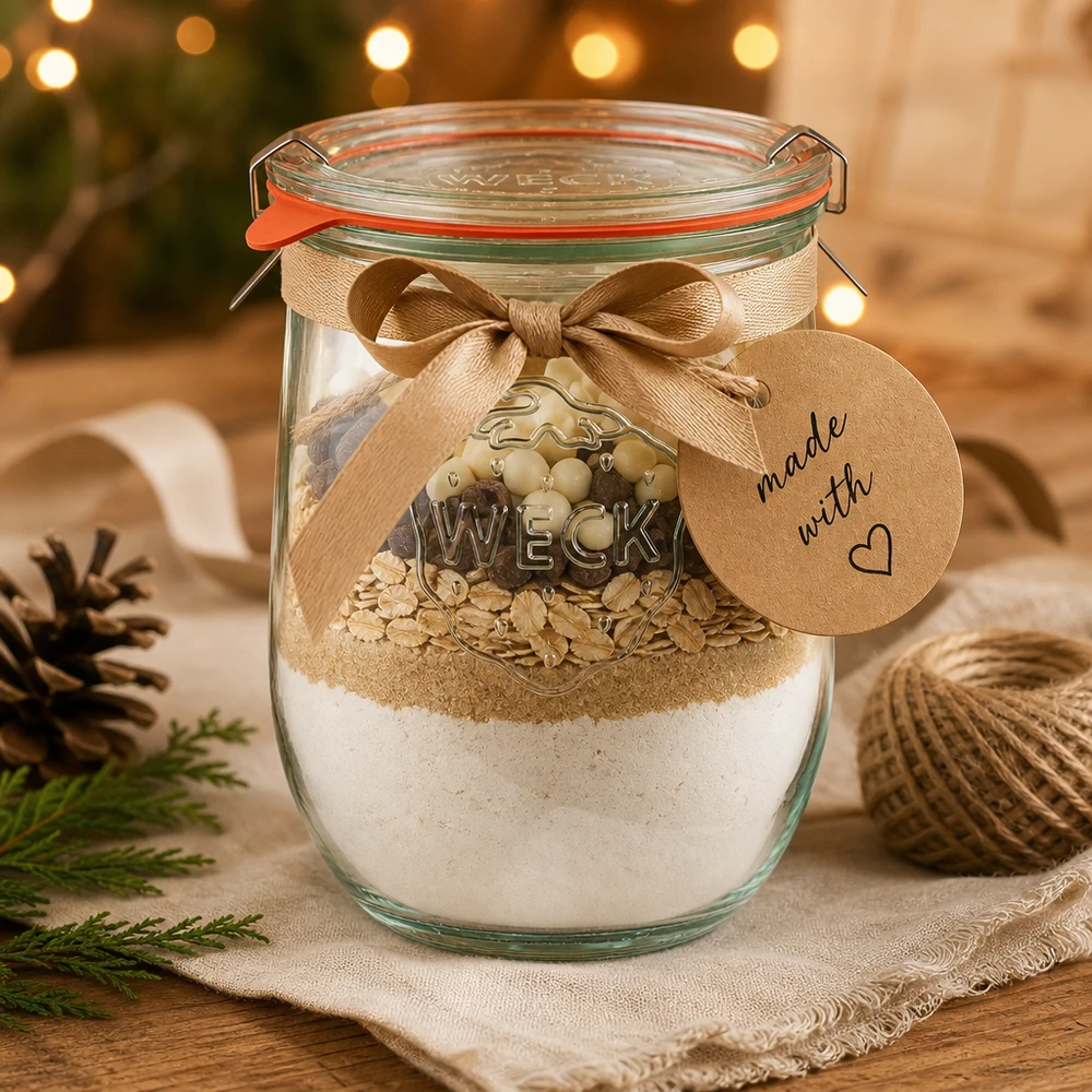 1062ml Tulpenglas komplett WECK RR100 WECK Tulpenglas 1062ml RR100 als DIY Geschenkidee mit Backmischung weihnachtlich dekoriert mit Schleife und Anhänger