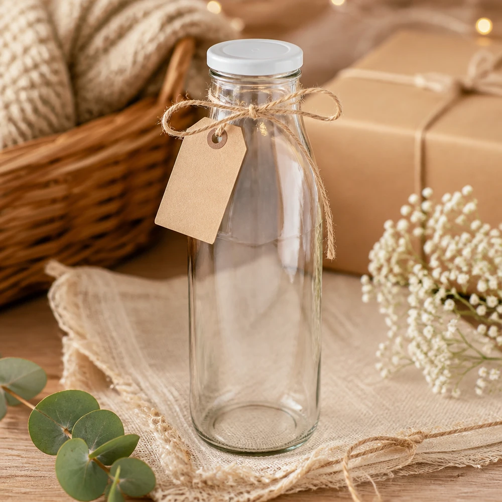 500ml Glasflasche mit weißem Deckel dekorativ mit Juteschnur und Anhänger rustikales Geschenk-Design