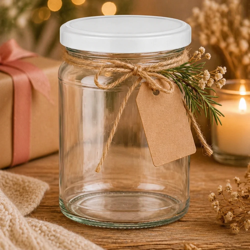 205ml Rundglas mit BasicSeal Deckel weiß UNiTWIST 205ml Rundglas mit weißem Deckel als Geschenkverpackung dekoriert mit Juteschnur und Geschenkanhänger