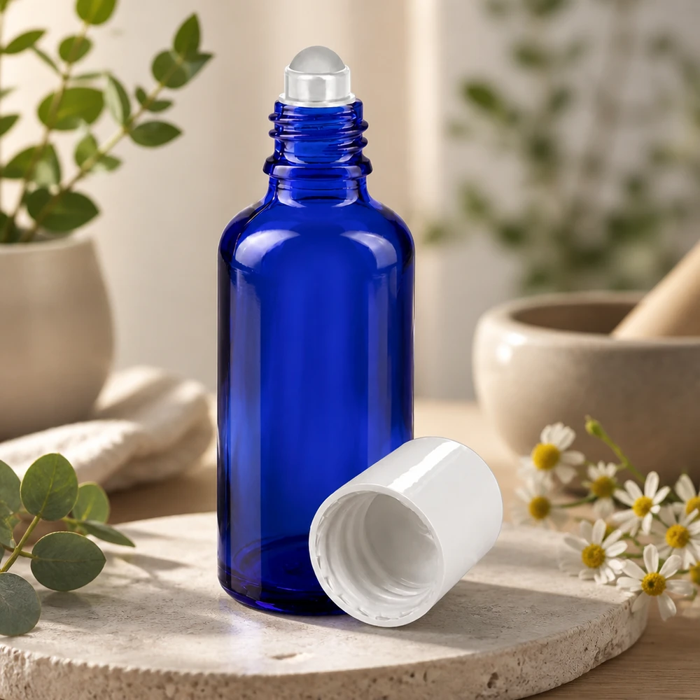 Apothekenflasche blau 50ml Roll-On Verschluss weiß Blaue 50ml Apothekerflasche mit Roll-On Verschluss neben Mörser und Kamillenblüten