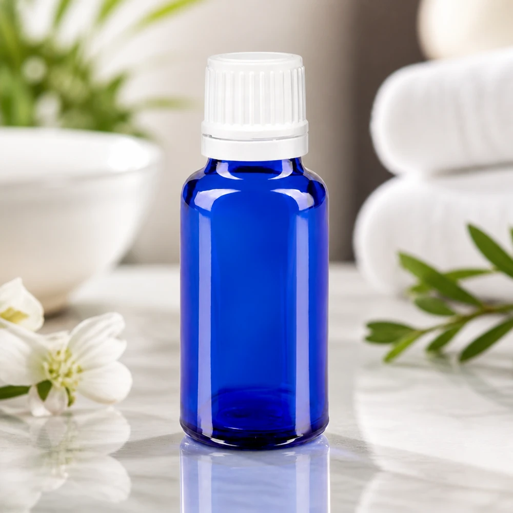 Apothekenflasche blau 20ml Tropfverschluss 1.2mm weiß Originalitätsverschluss 20ml Flakon aus blauem Borosilikatglas mit weißem Tropfverschluss für Aromatherapie und Heilkräuter