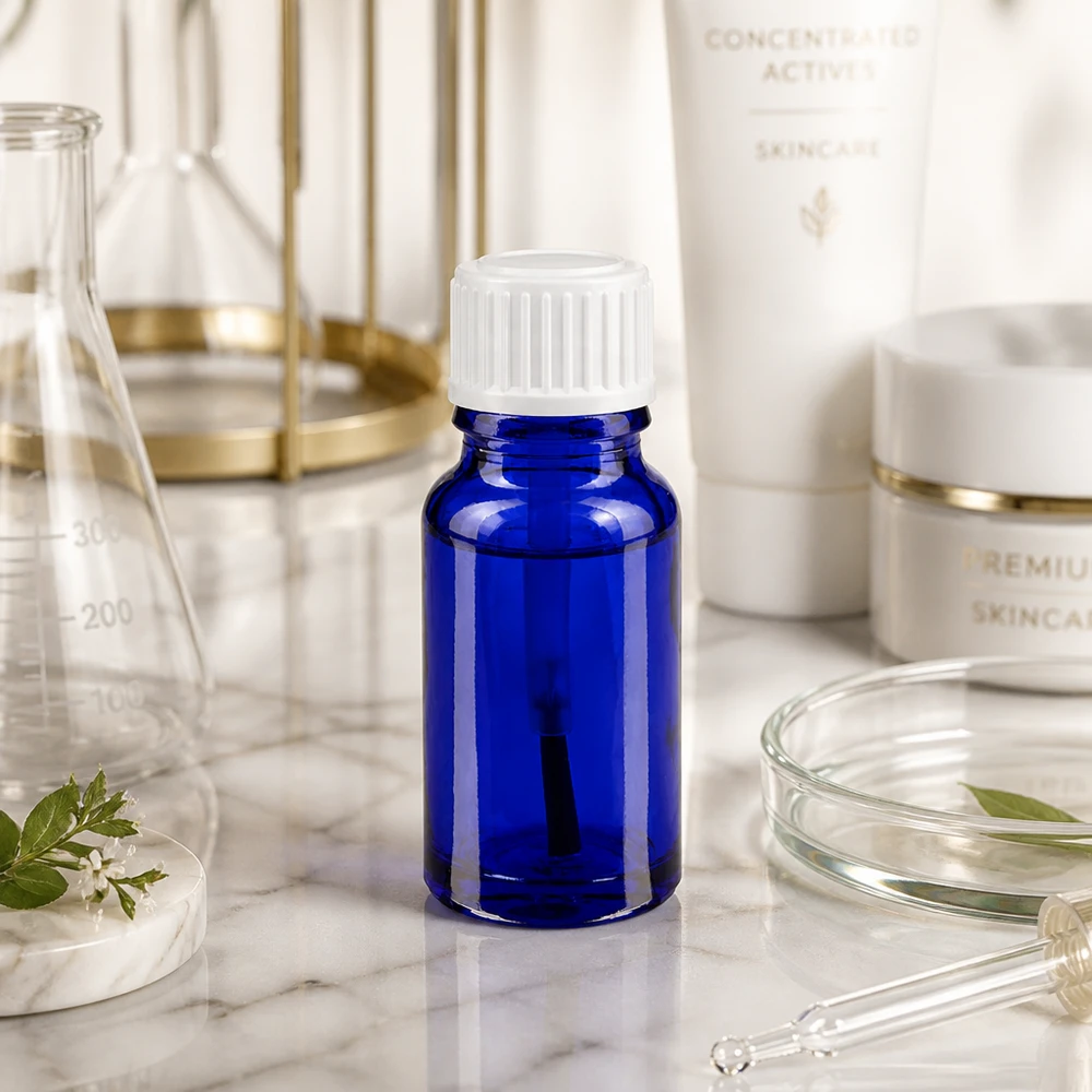 Blaue Tropfflasche 10ml Borosilikatglas mit weißem Verschluss lichtgeschützte Aufbewahrung