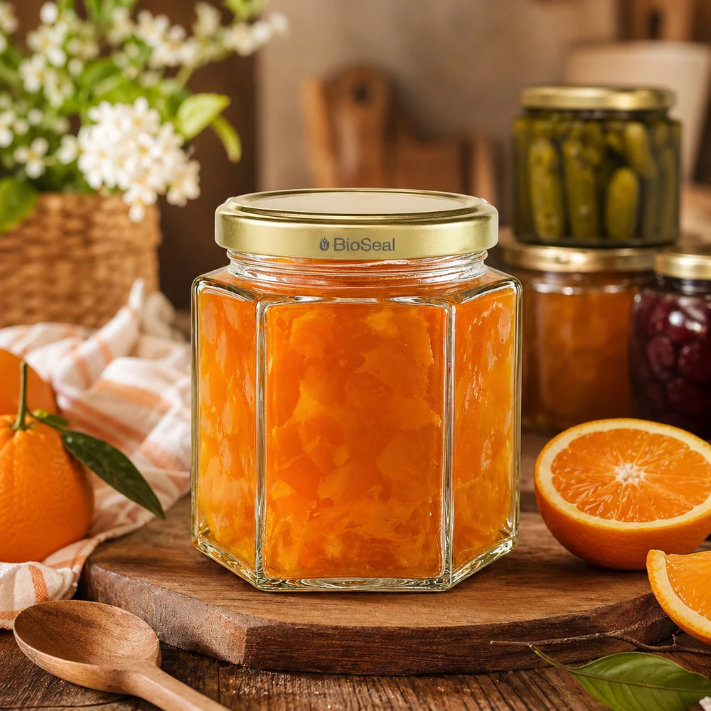 BioSeal 520g Honigglas hexagonal mit Orangenmarmelade auf Holzbrett umgeben von frischen Orangen und Küchendeko