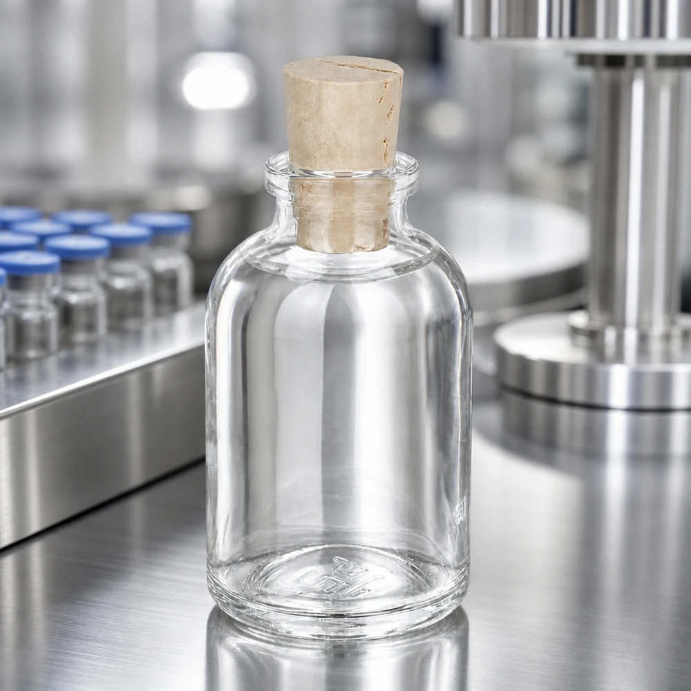 Flasche Klarglas 50ml mit Korken 11/14mm Leere Glasflasche mit breitem Korkverschluss auf glänzender Edelstahlarbeitsplatte im Reinraum