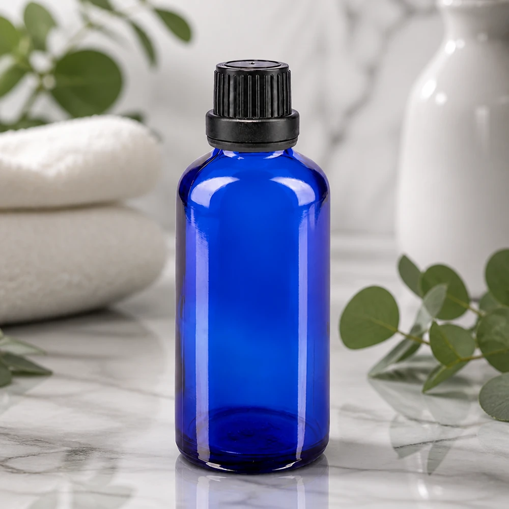 Apothekenflasche blau 50ml Schraubverschluss schwarz Dichteinlage Originalitätsverschluss Rundschulterflasche 50ml Blauglas mit 11mm Schraubverschluss schwarz vor Marmorhintergrund