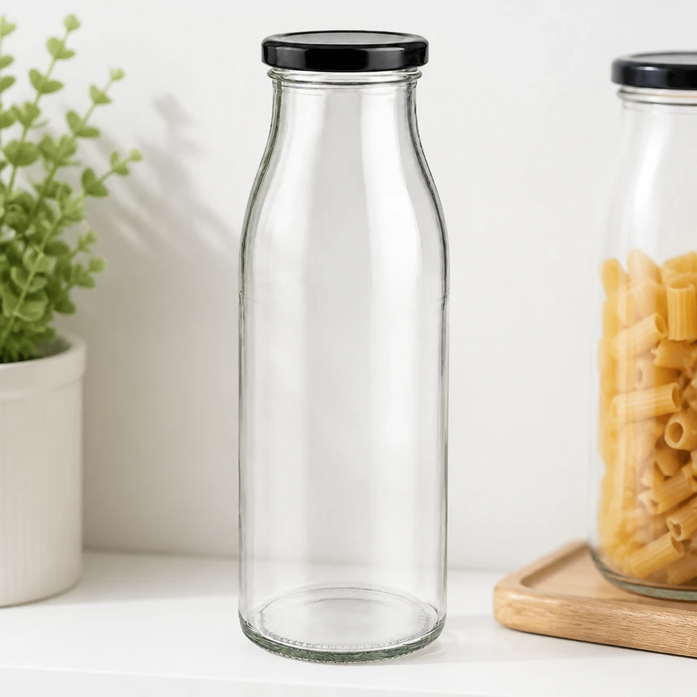 500ml Glasflasche + BasicSeal Deckel schwarz UNiTWIST 500ml Glasflasche transparent leer mit schwarzem BasicSeal Deckel in stylischer Kücheneinrichtung mit Pasta und Kräutern