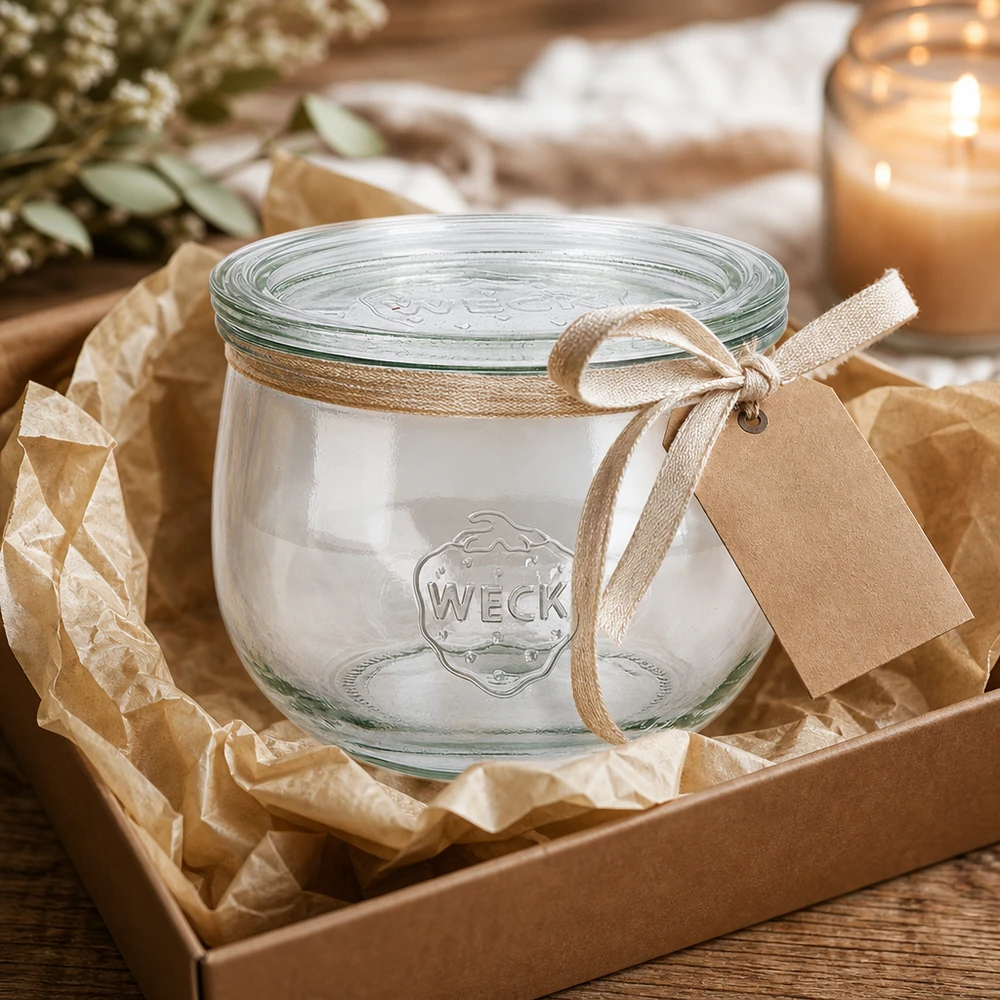 WECK Tulpenglas 580ml RR100 als Geschenkidee in Karton mit Dekoration Schleife und Anhänger präsentiert
