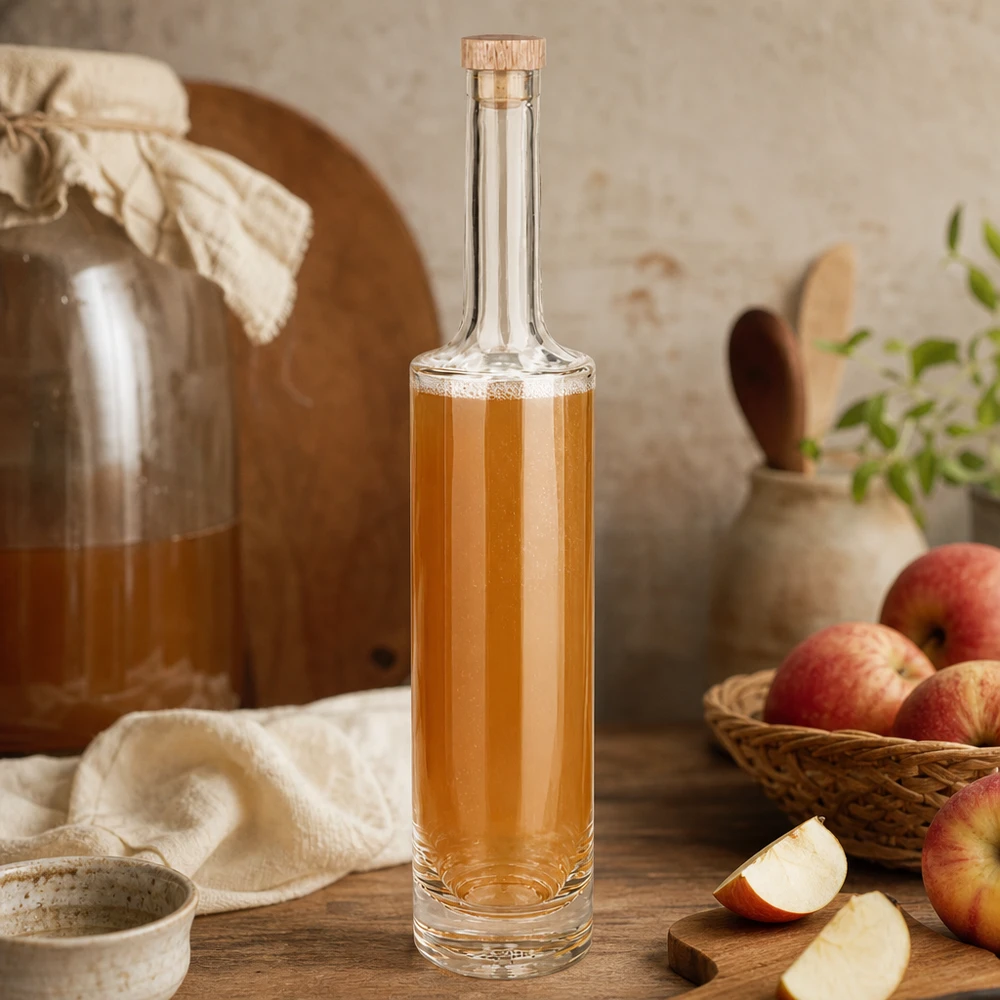 500ml Glasflasche "Rosa" mit Holzgriffkorken UNiTWIST® 500ml Glasflasche Rosa mit Apfelbrand gefüllt in rustikaler Küche neben frischen Äpfeln und Holzutensilien