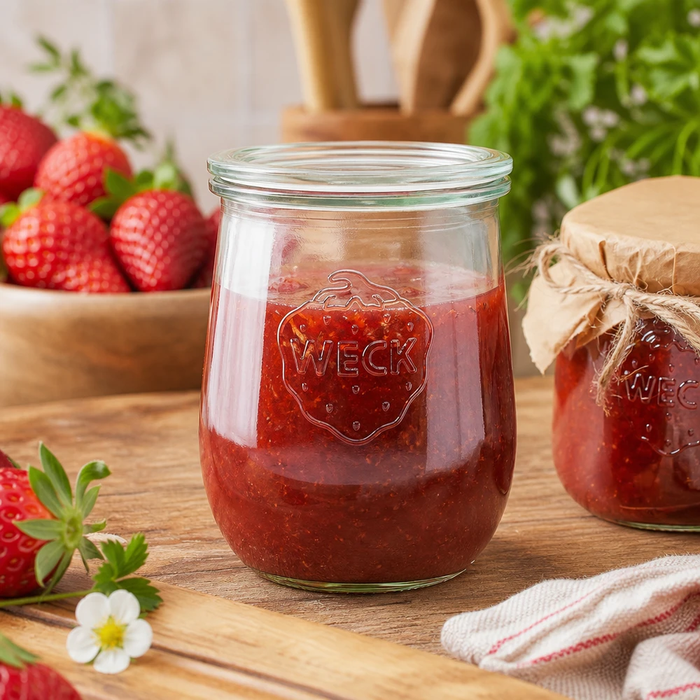 1062ml Tulpenglas mit Glasdeckel WECK RR100 WECK Einmachglas 1062ml gefüllt mit Erdbeermarmelade auf Holzbrett neben frischen Erdbeeren und Küchenhandtuch