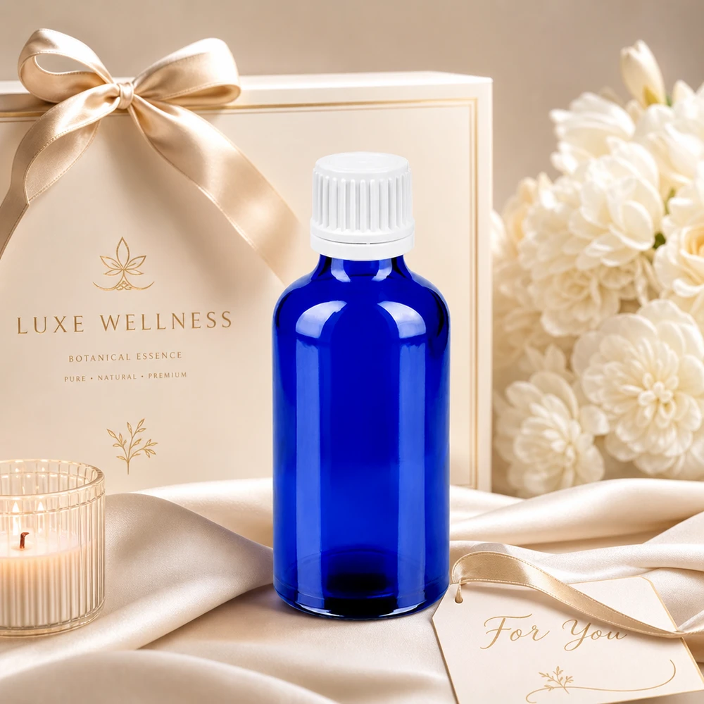 Lichtschützende blaue Glasflasche 50ml mit auslaufsicherem Verschluss für Beauty-Öle