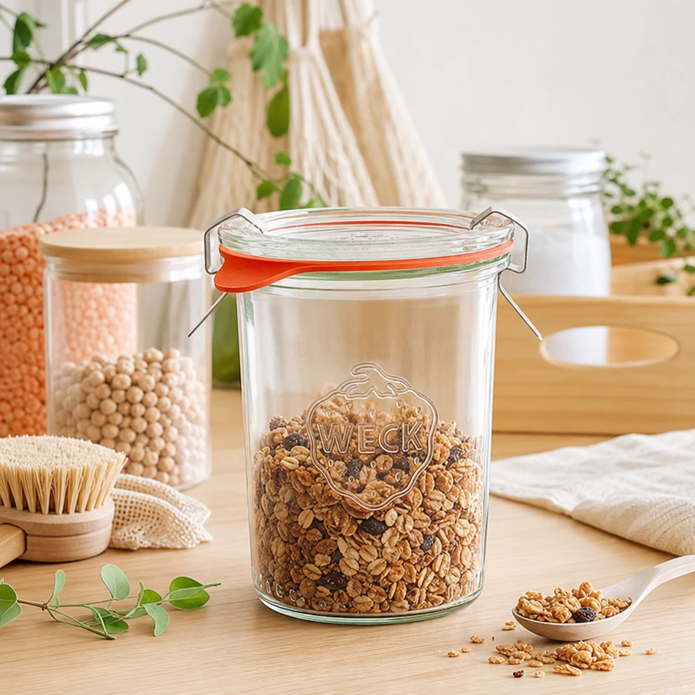160ml Sturzglas komplett WECK RR60 WECK Sturzglas 160ml RR60 mit Müsli befüllt in nachhaltiger Zero-Waste Küche für umweltfreundliche Aufbewahrung
