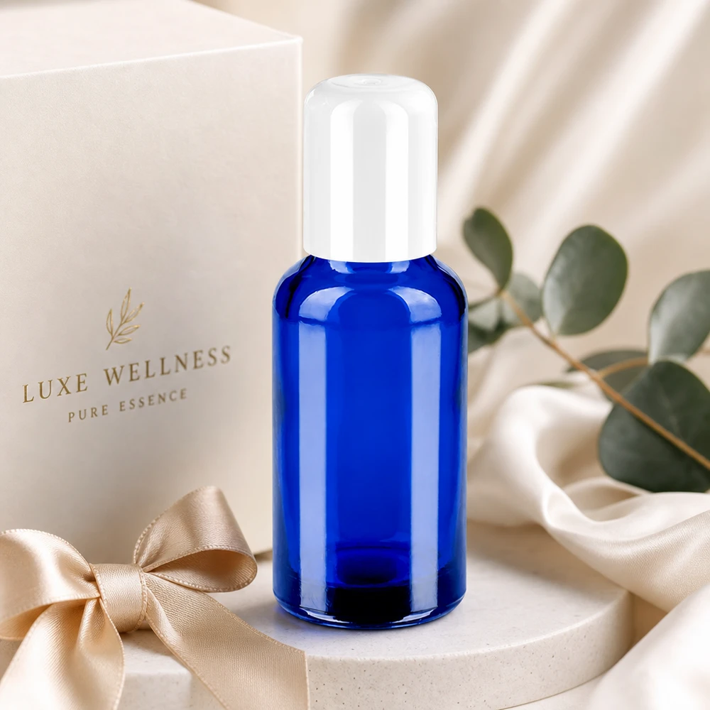 30ml Roll-On Flasche weiß Standardverschluss BlueLine UT18/30 Elegante blaue 30ml Roll-On Flasche mit weißem Verschluss für professionelle Kosmetikanwendung