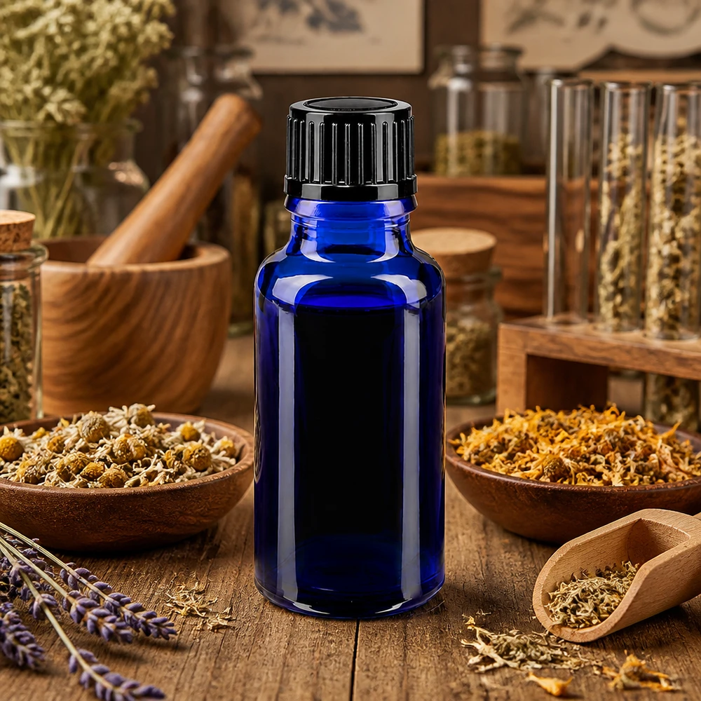 Blaue Tropferdosiererflasche 20ml ApoGlas neben getrockneten Heilkräutern und Lavendel