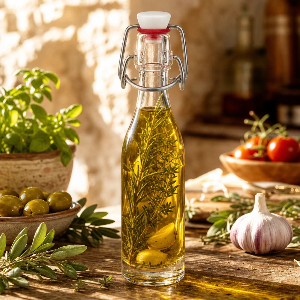 50ml Glasflasche und Bügelverschluss PVC UNiTWIST 50ml Glasflasche mit Bügelverschluss gefüllt mit Kräuteröl neben Oliven Knoblauch und frischen Kräutern