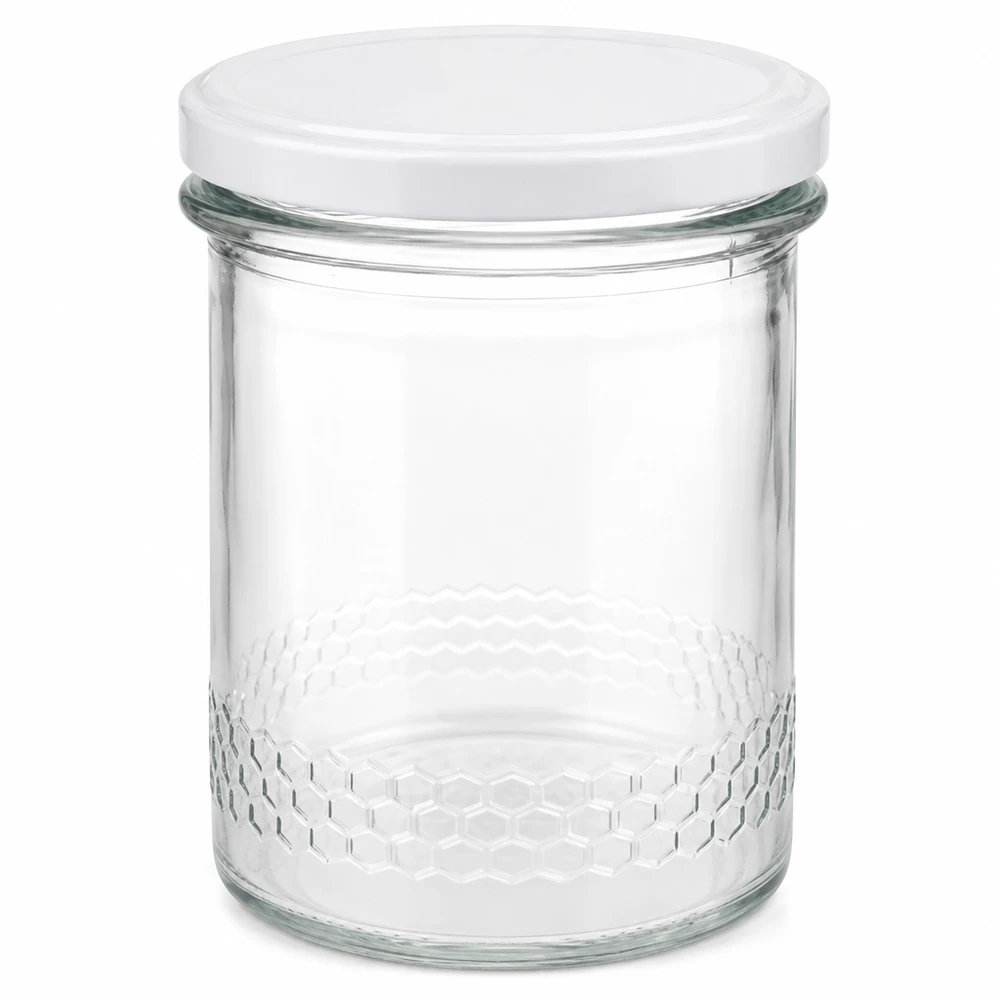 560g Honigglas + BasicSeal Deckel weiß UNiTWIST 400ml Honigglas mit weißem BasicSeal Deckel UNiTWIST System transparentes Glas mit Wabenmuster am Boden
