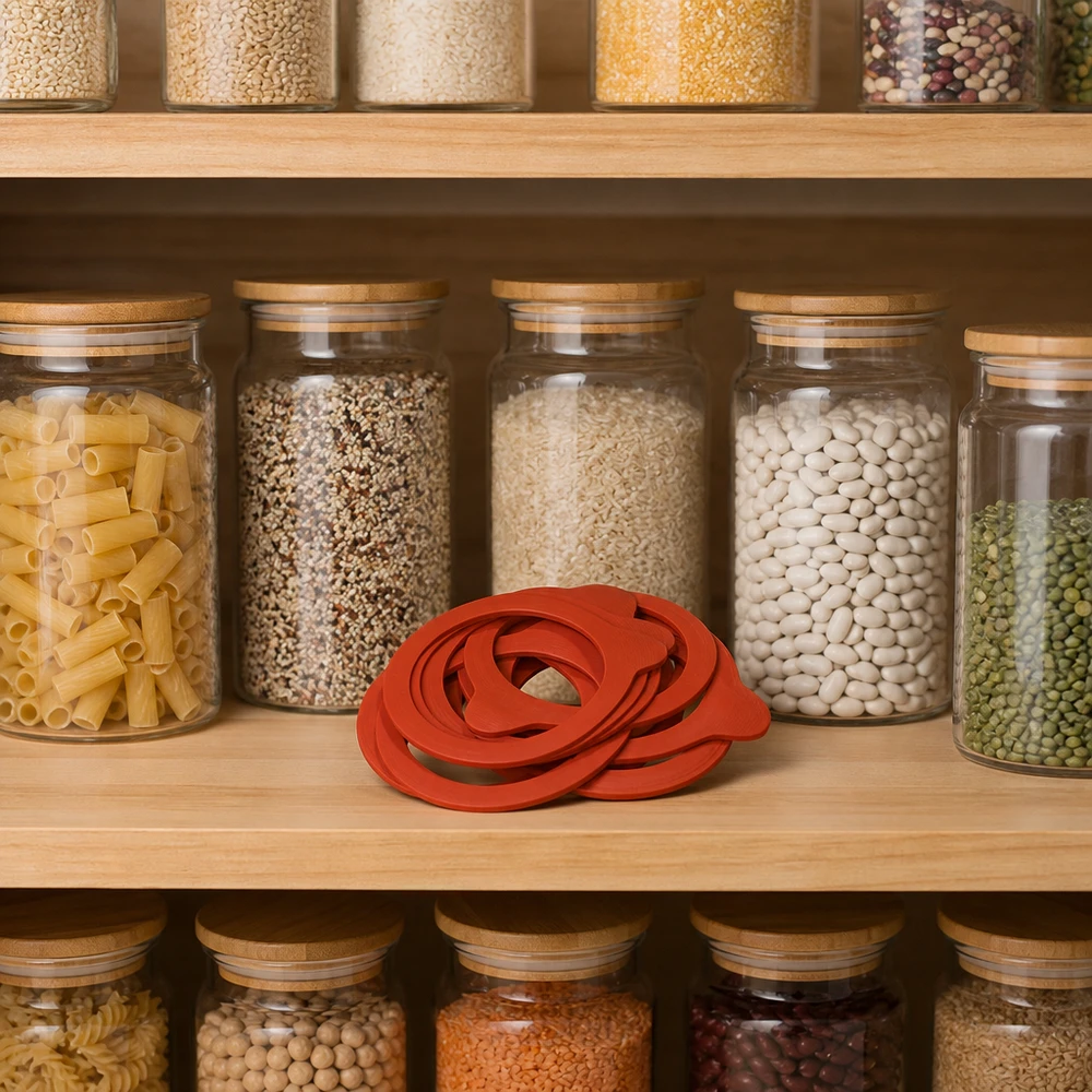 Einkochring RR60 Naturgummi orange in Vorratsküche mit Einmachgläsern voller Hülsenfrüchte Getreide Pasta