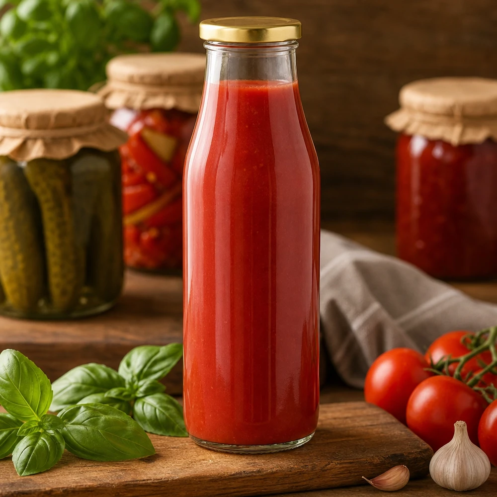 500ml Glasflasche + BasicSeal Deckel gold UNiTWIST 500ml Glasflasche mit Tomatensaft gefüllt zeigt praktische Verwendung für hausgemachte Säfte und Konserven