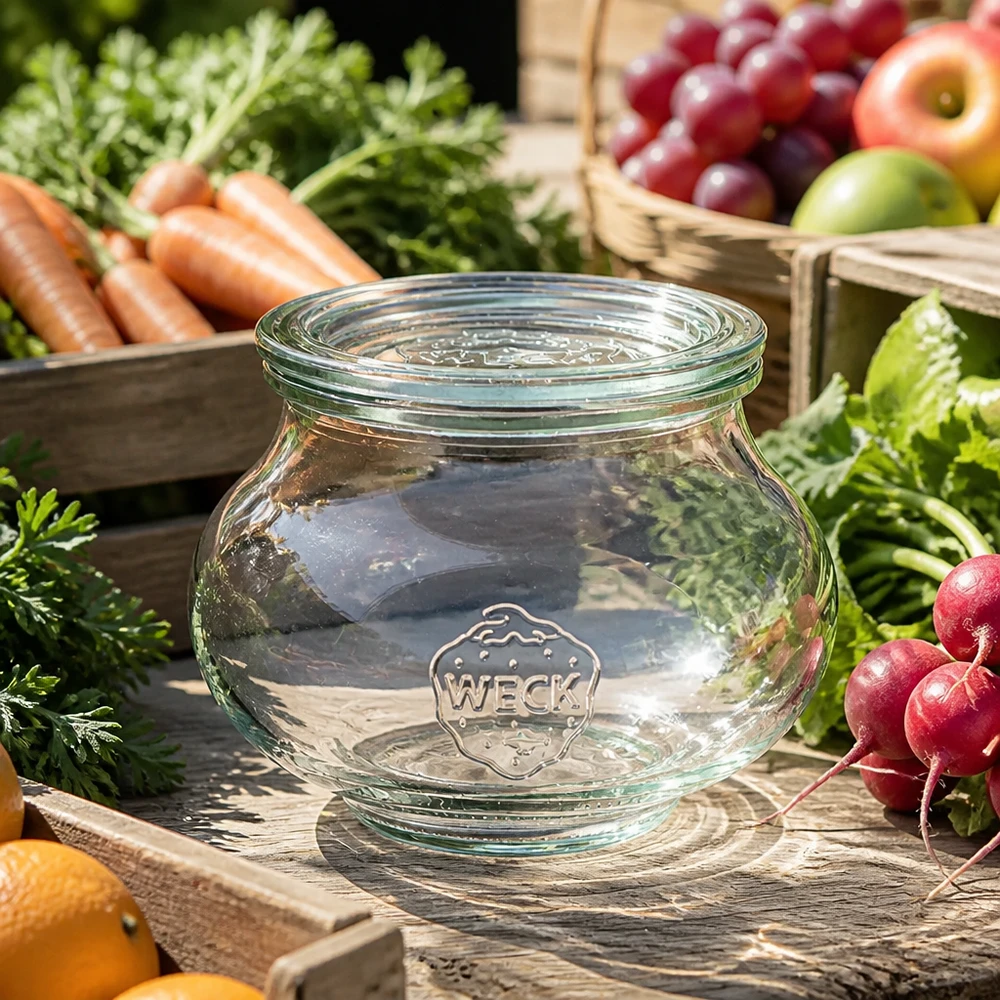 WECK Schmuckglas 560ml RR80 mit transparentem Glasdeckel zwischen frischem Gemüse Karotten Radieschen und Obst