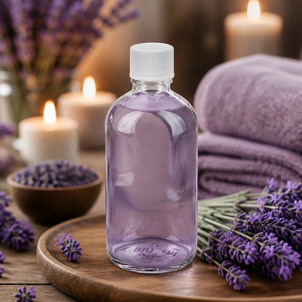 Klarglas Flasche 100ml schlanke Form weißer Kunststoffdeckel 11mm Spa Anwendung