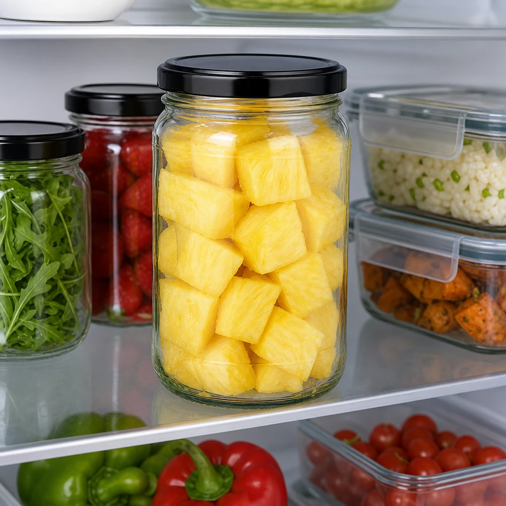 305ml Rundglas mit BasicSeal Deckel schwarz UNiTWIST 305ml Rundglas UNiTWIST mit schwarzem Deckel voller Ananas im Kühlschrank zur Lebensmittel-Aufbewahrung