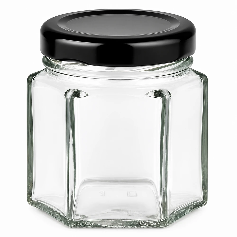 47ml Hexaglas mit BasicSeal Deckel schwarz UNiTWIST 47ml Hexaglas mit schwarzem BasicSeal Deckel - sechseckiges Glasgefäß für Lebensmittel und Aufbewahrung