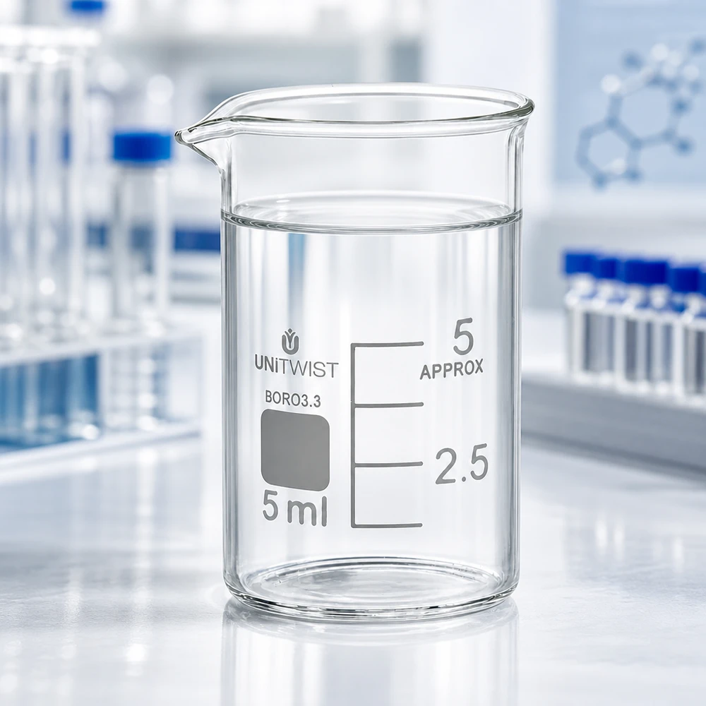 Becherglas 5ml Borosilikat, niedrige Form UNiTWIST Laborbecher aus klarem Borosilikat 3.3 von UNiTWIST 5ml niedrige Form vor Reagenzgläsern