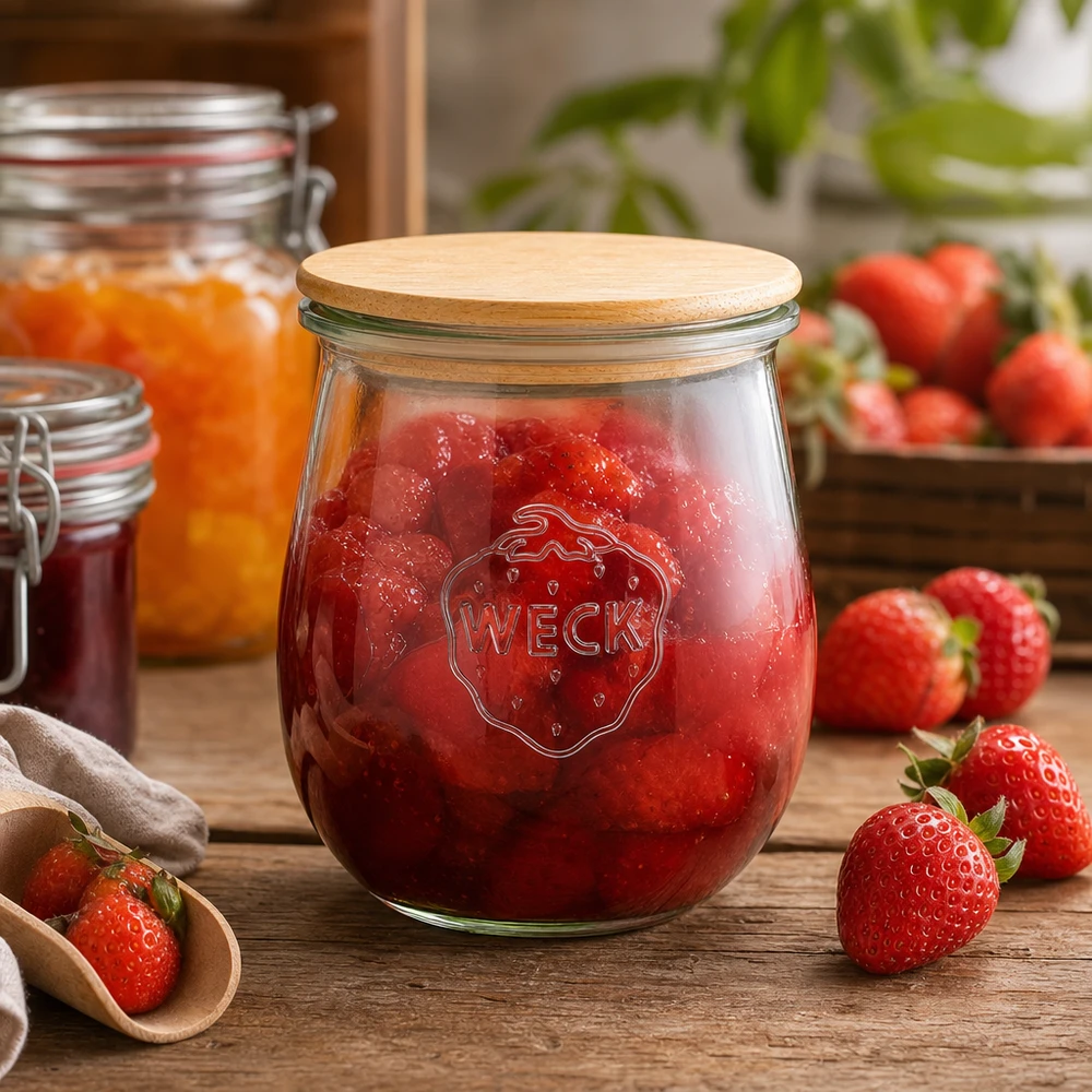 WECK Tulpenglas 220ml mit Holzdeckel gefüllt mit Erdbeermarmelade - Einmachglas für Konfitüre und Aufstriche