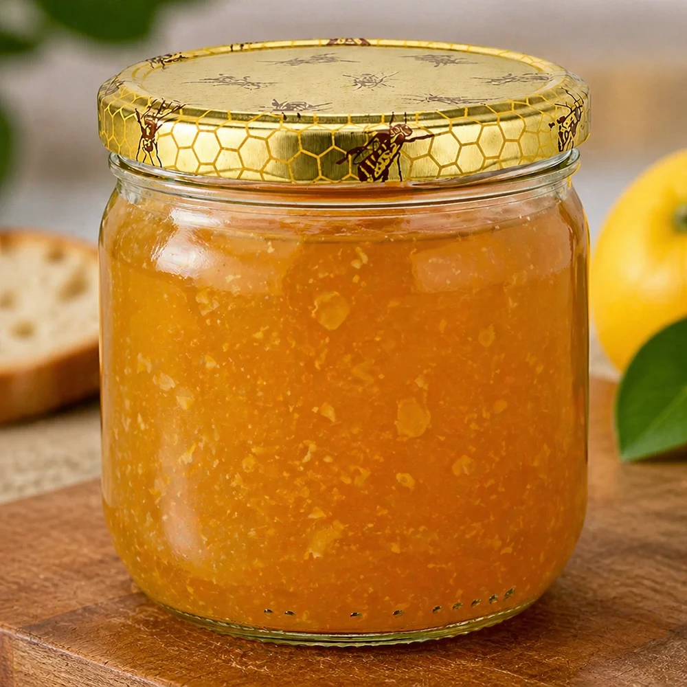500g Honigglas mit cremigem Honig und Bienenwaben-Deckel neben Orange auf Holzuntergrund