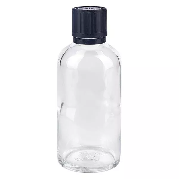 Apothekenflasche klar 50ml Tropfer Giessring 1mm schwarz Kindersicherung Blindenwarnsymbol Originalitätsverschluss