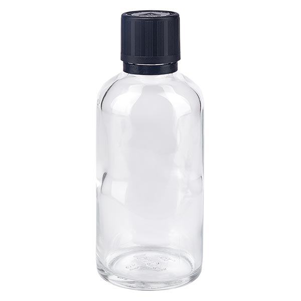 Apothekenflasche klar 50ml Tropfer Giessring 1mm schwarz Kindersicherung Blindenwarnsymbol Originalitätsverschluss