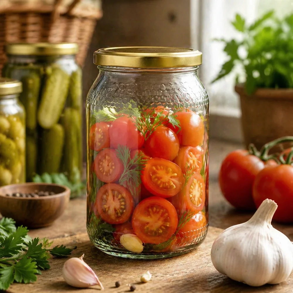 1260g Honigglas + BasicSeal Deckel gold UNiTWIST 900ml Honigglas als Einmachglas für eingelegte Tomaten - goldener UNiTWIST Deckel vielseitig verwendbar