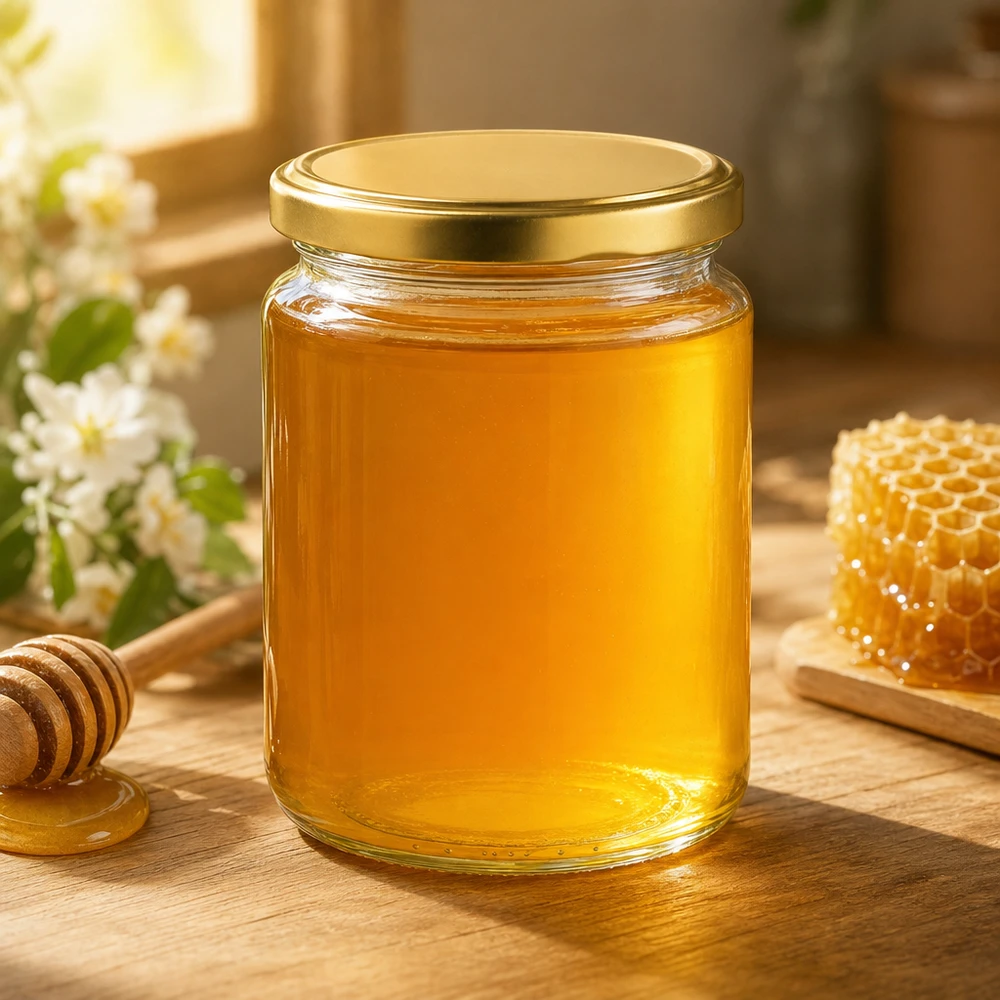 450g Honigglas mit goldenem Deckel gefüllt mit Honig neben Wabe und Honiglöffel natürliche Küchendekoration