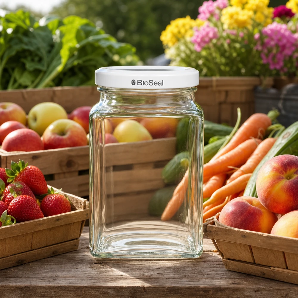 UNiTWIST Tetra260 Einmachglas leer auf Holztisch mit frischem Obst Gemüse weißer TO58 BioSeal Deckel Outdoor Garten