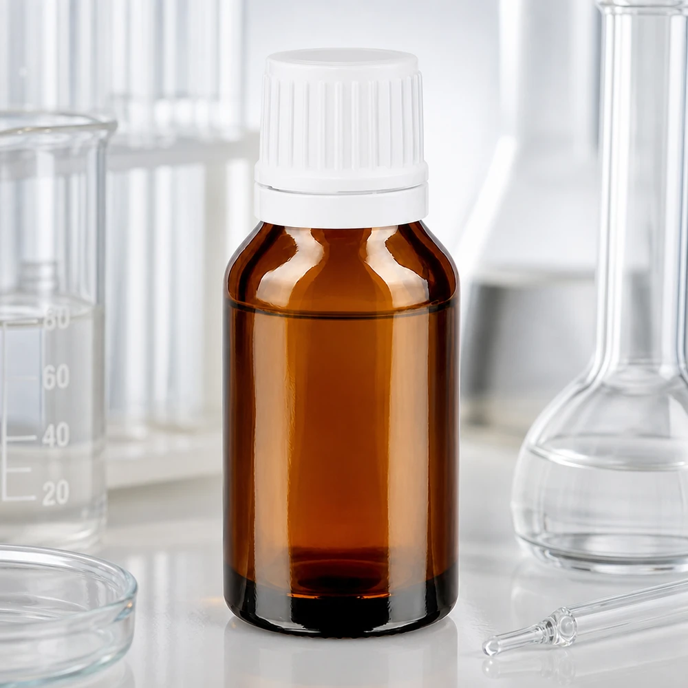 Lichtschutzflasche Braunglas 15ml weißer Tropfverschluss umgeben von Laborglasgeräten