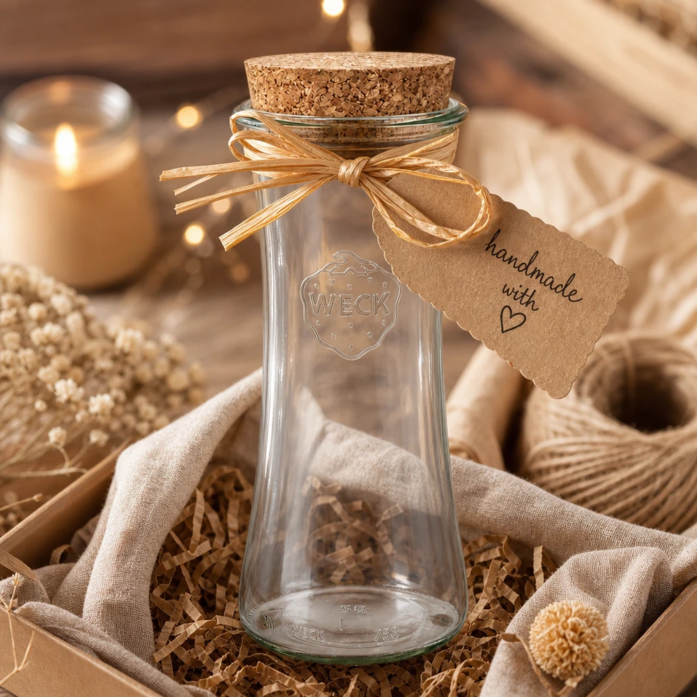 WECK RR80 Glas 700ml mit Korken als handgemachtes Geschenk dekoriert mit Schleife und Anhänger in rustikaler Atmosphäre