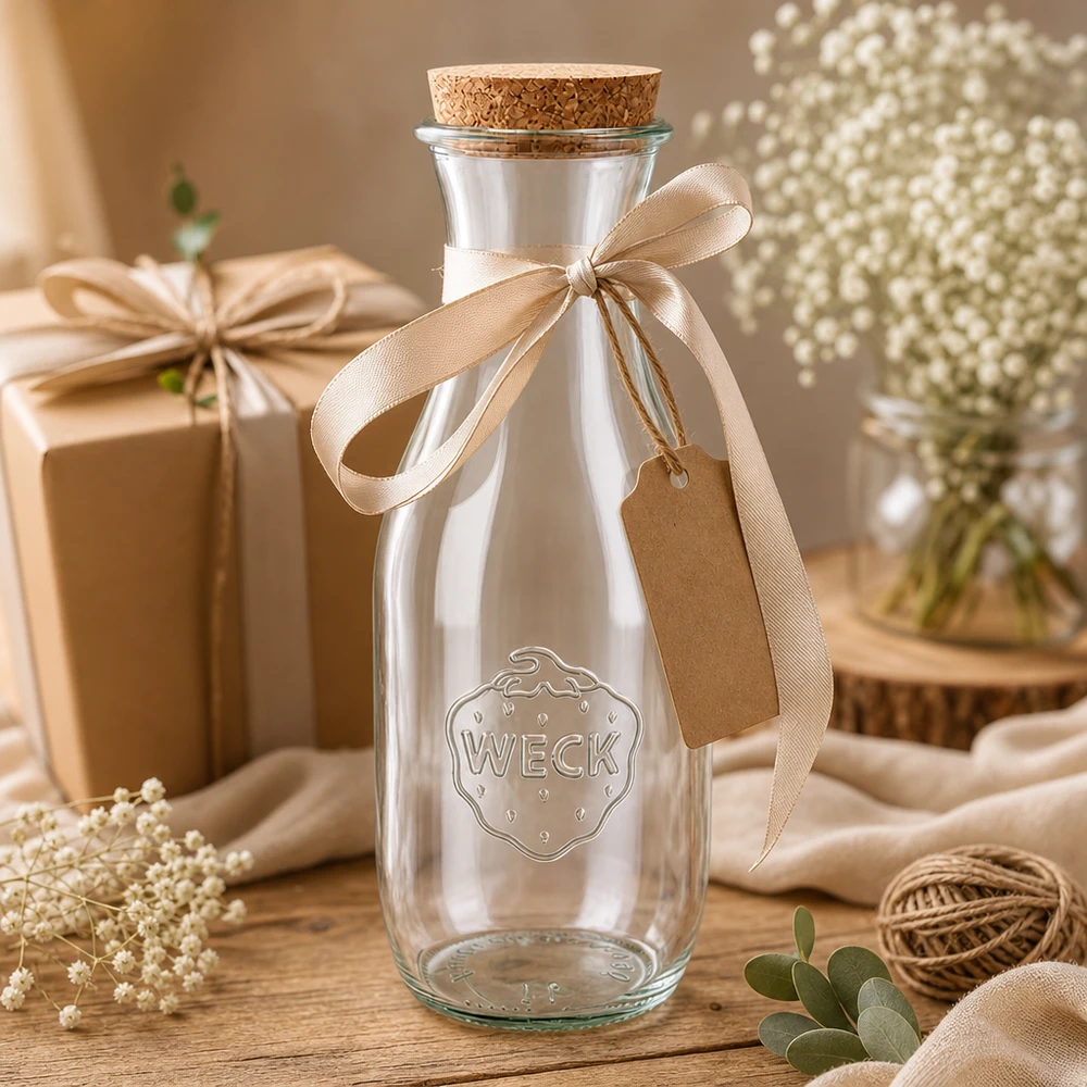 1062ml Saftflasche WECK RR60 mit Korken natur WECK Glasflasche 1062ml als Geschenk dekoriert mit beiger Schleife und Anhänger neben Schleierkraut und Geschenkbox