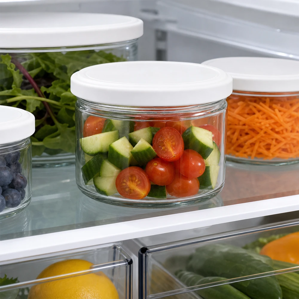 540ml Rundglas mit BasicSeal Deckel weiß UNiTWIST 540ml Rundglas BasicSeal weiß im Kühlschrank mit Tomaten und Gurken - optimale Frischhaltung für geschnittenes Gemüse