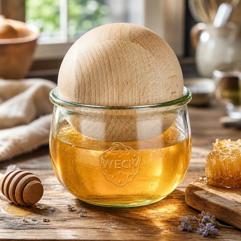 WECK Tulpenglas 580ml mit Buchenholzkugel gefüllt mit Honig, dekorative Aufbewahrung für Naturprodukte und Küchenzubehör