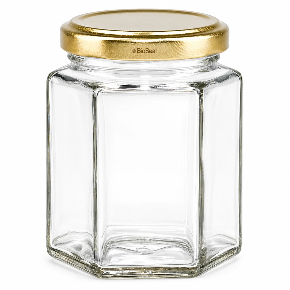196ml Hexaglas mit BioSeal Deckel gold UNiTWIST Sechseckiges Einmachglas UNiTWIST Hexa196 mit goldenem TO58 BioSeal Deckel aus Glas transparent leer