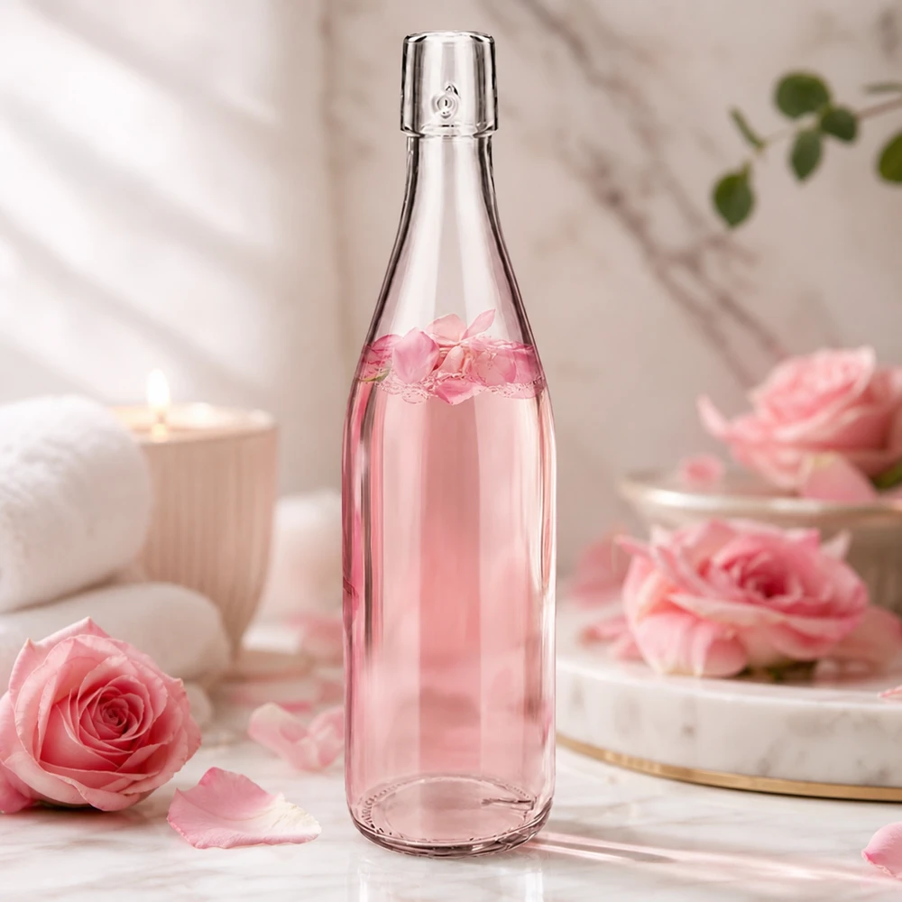 500ml Glasflasche ohne Bügelverschluss UNiTWIST® 500ml UNiTWIST Glasflasche mit Rosenwasser in romantischer Dekoration mit rosa Rosen und elegantem Ambiente