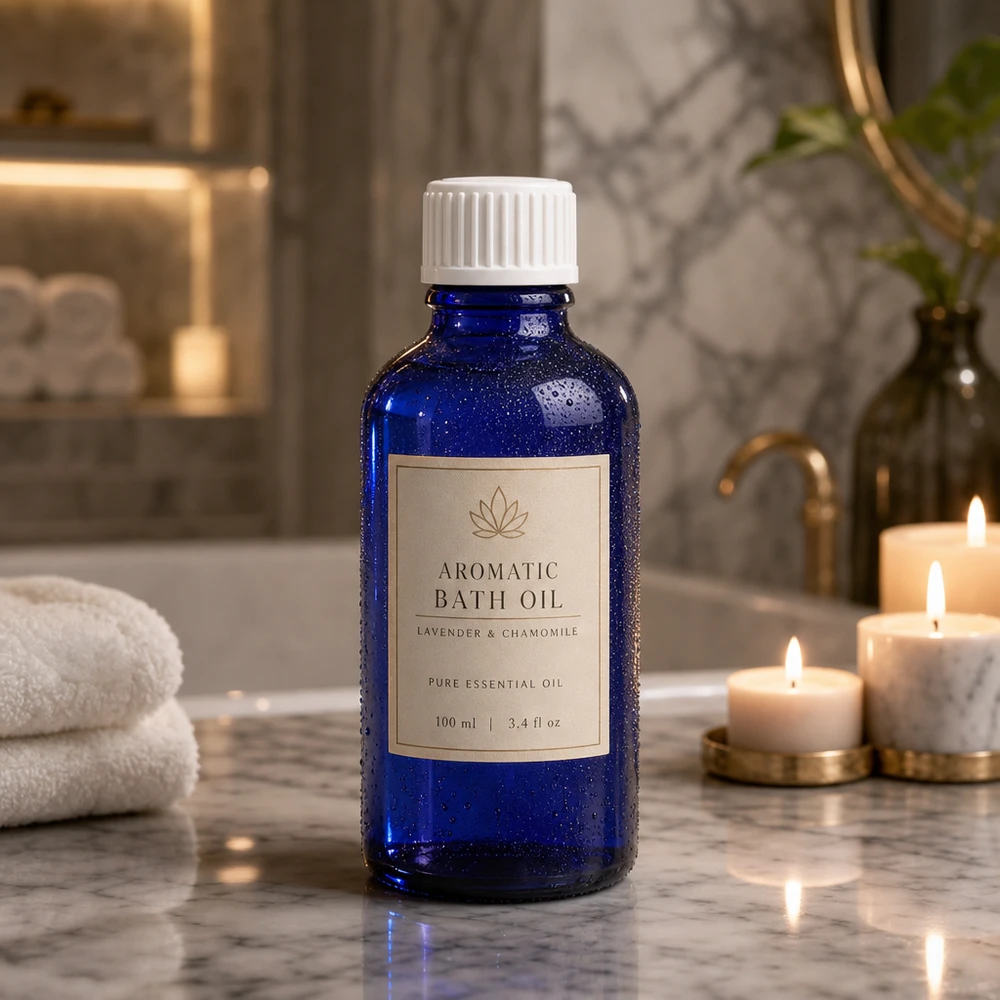 Apothekenflasche blau 50ml Schraubverschluss weiß Globuli Standard Kompakte 50ml Aromaöl-Flasche aus blauem Schutzglas mit weißem Standardverschluss im Spa-Bereich