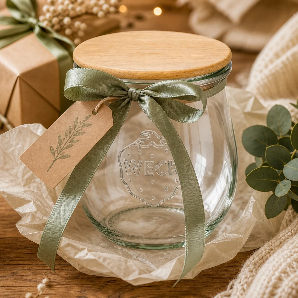 220ml Tulpenglas WECK RR60 mit Holzdeckel WECK Tulpenglas 220ml RR60 als Geschenk mit grüner Schleife und Anhänger - Einmachglas mit Holzdeckel dekorativ verpackt