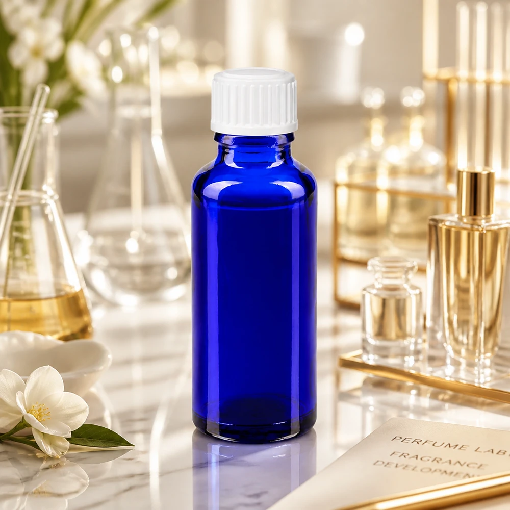 Apothekenflasche blau 30ml Schraubverschluss weiß Standard UV-schützende blaue Glasflasche 30ml mit weißem Schraubverschluss auf Marmoroberfläche