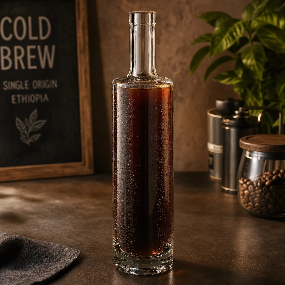 500ml Glasflasche "Centurio" ohne Verschluss UNiTWIST® 500ml Glasflasche Lina mit Cold Brew Kaffee gefüllt in stylischer Coffee-Shop Atmosphäre mit Kaffeebohnen und Vintage-De
