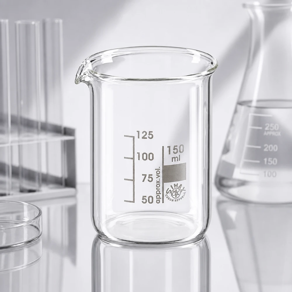 Becherglas 150ml Borosilikatglas, niedrige Form Vielseitiges Laborbecherglas 150ml aus temperaturbeständigem Borosilikatglas für Forschung