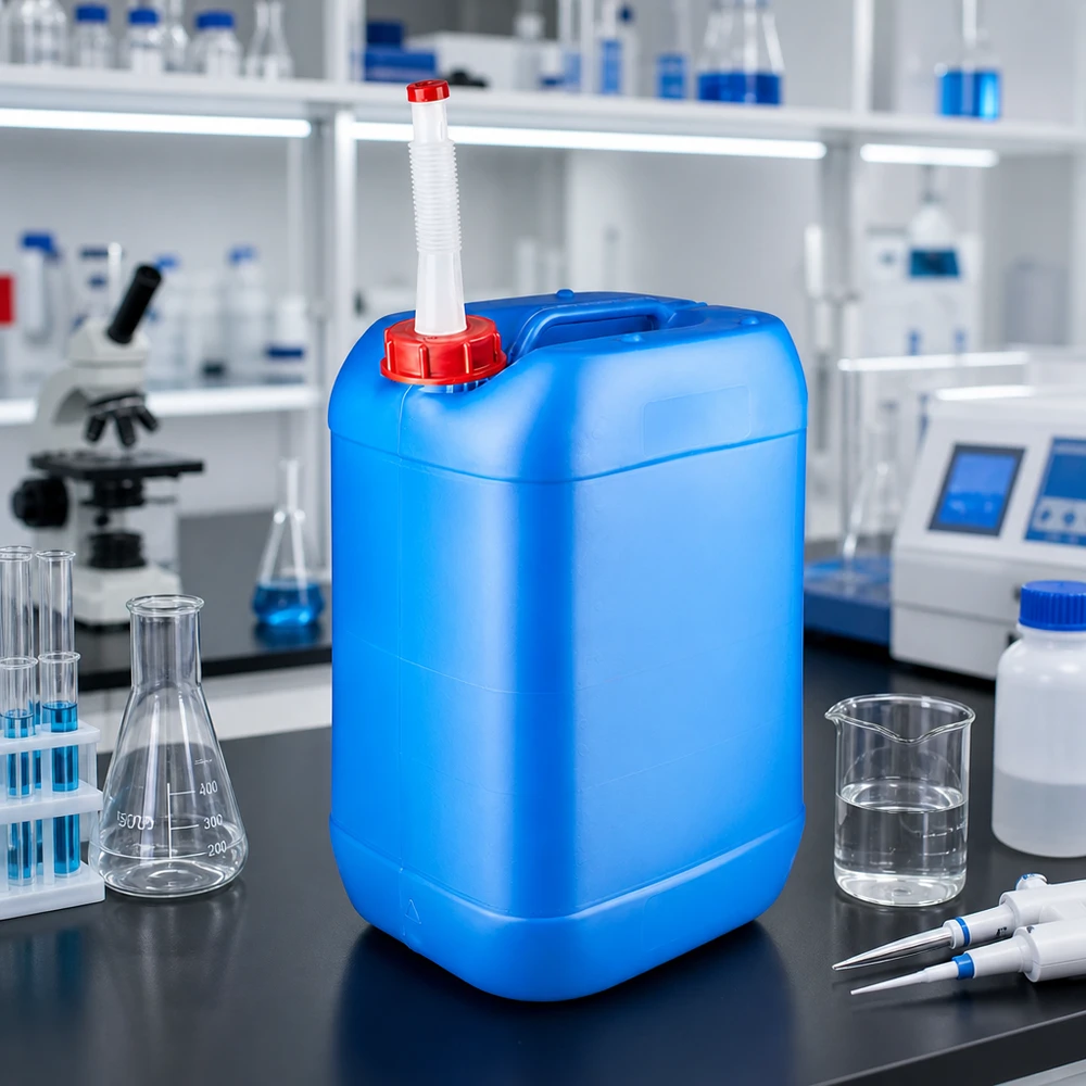 Kanister 25 Liter blau mit Auslaufrohr Flex Großvolumiger blauer Kunststoffbehälter 25L mit Flex-Rohr für präzises Dosieren im Labor