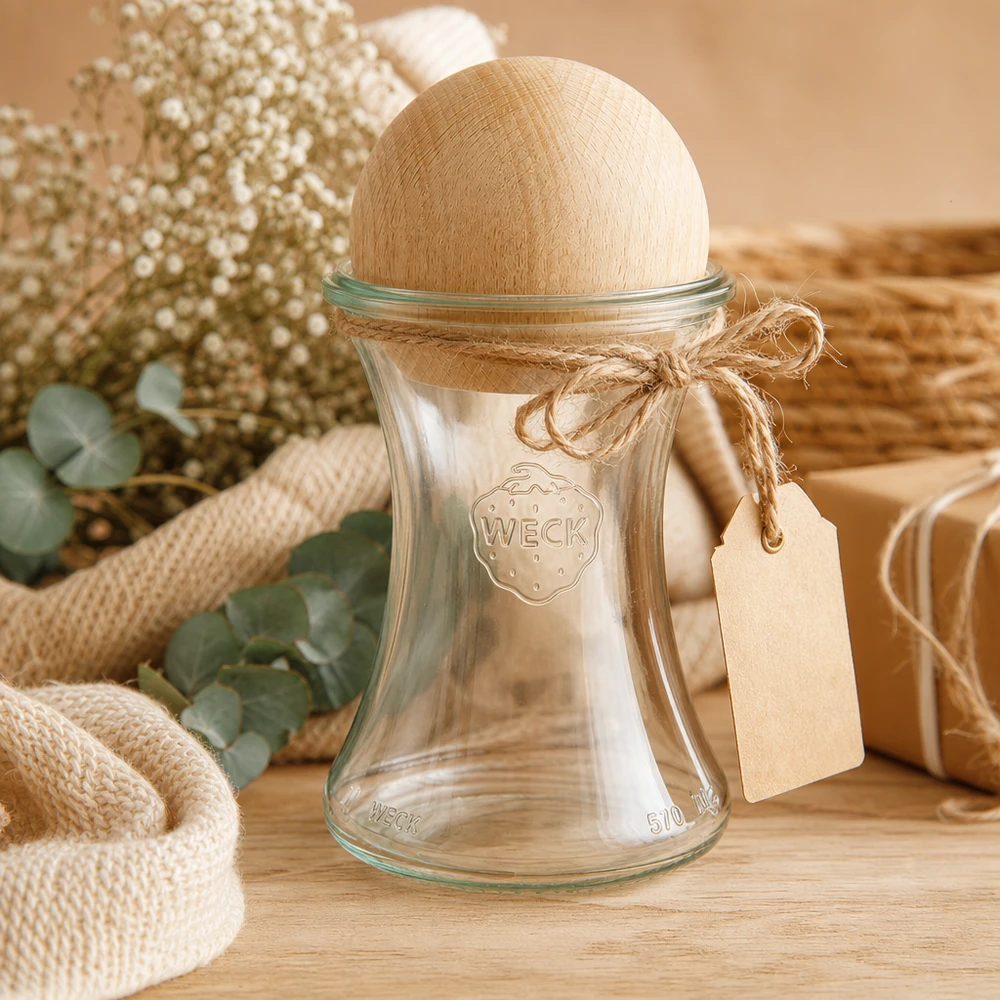 WECK Delikatessengl 370ml RR80 Holzkugel Buche Geschenkverpackung Juteschnur Etikett natürliche Küchenausstattung