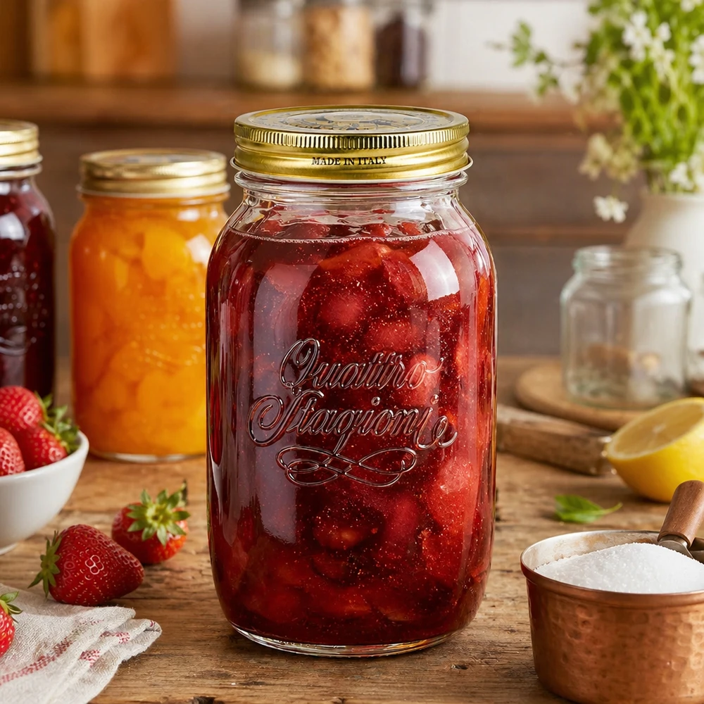1500ml Rundglas "Quattro Stagioni" mit Deckel Quattro Stagioni 1500ml Einmachglas mit Erdbeermarmelade gefüllt Küchenszene italienisches Konservenglas strawberry jam